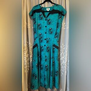 Unique Vintage Teal and Black Button-Up Midi Dress